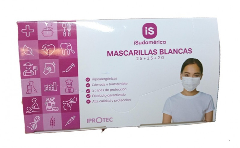 Mascarilla 3 pliegues blanco 20+25+25 Iprotec PQ50
